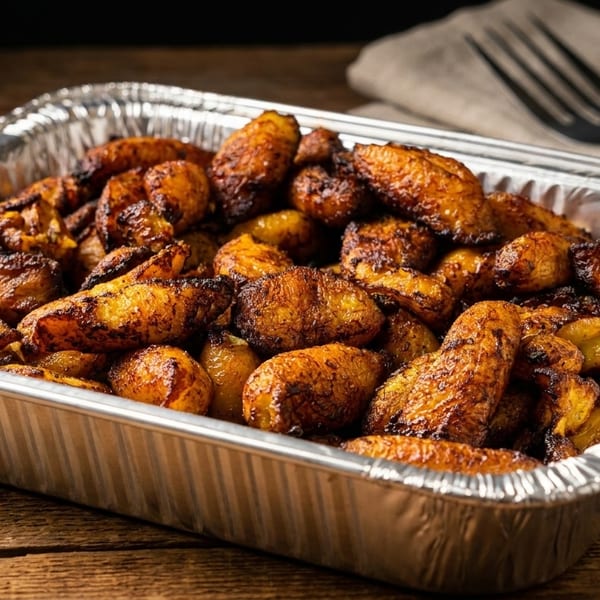 Golden brown fried plantains in a silver foil container on a rustic wooden table.